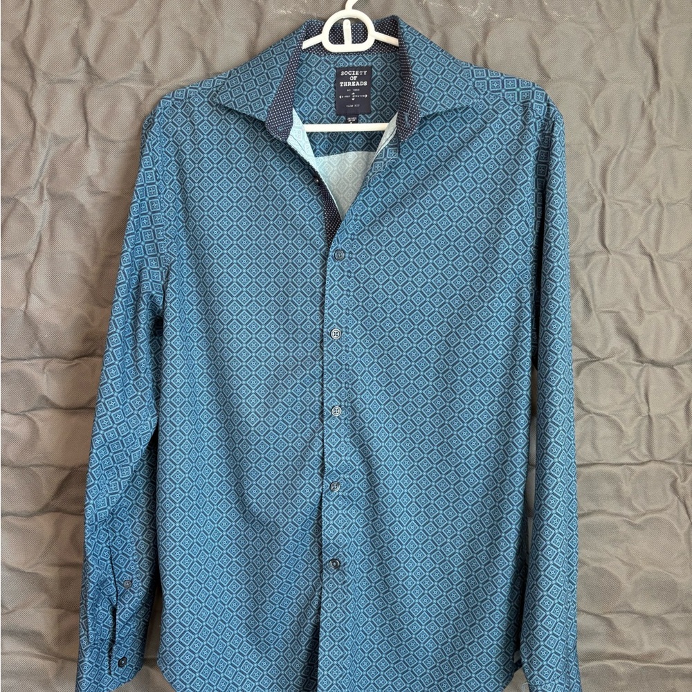 Society Of Threads Blue Geometric Diamond-Print Long Sleeve Shirt